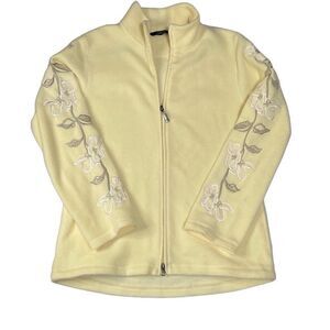 Vintage Izod Yellow Fleece Full Zip Jacket Embroidered Flower Leaf Women Medium